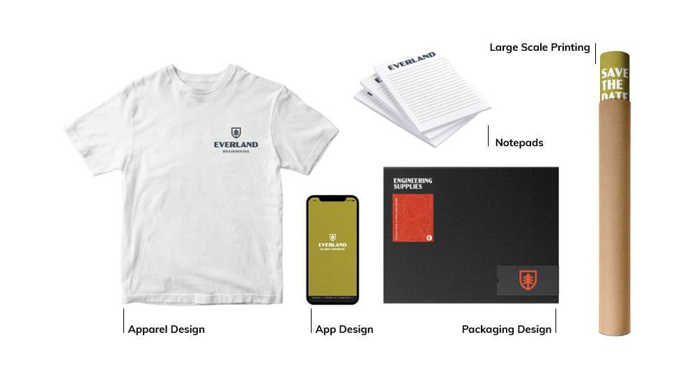 Apparel design t-shirt, app design phone screen, notepads, large scale printing poster, and packaging design custom options